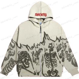 Men's Hoodies Sweatshirts Men Anime Skull Hoodies Women Vintage Gothic Zip Up Long Sleeve Streetwear Loose Coats Harajuku Letter Print Hooded Sweatshirts T240126