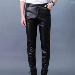 Men's Pants Button Zip Closure Men Faux Leather Slim Fit With Pockets Soft Breathable Mid For Motocycle