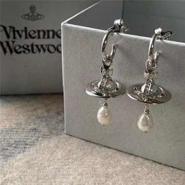 Designer Viviane Westwood Empress Dowager Three Dimensional Saturn Lucky Planet Pearl Water Drops White Diamond Pendant Earrings and Earrings