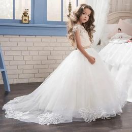 Girl Dresses White Lace Princess Flower Dress Tulle Puffy Floor Length Sleeveless For Wedding Birthday Party First Communion Ball Gown