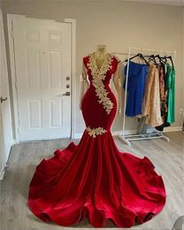 Red Lace Applique Veet Mermaid Prom Dresses 2024 For Black Girl See Thru Long Sleeve African Evening Birthday Party Gowns