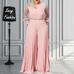 S-5xl Fall Outfits Women Pink Fashion Plus Size Jumpsuit Slim Pleated Long Sleeve Rompers Elegant Clothes Wholesale Drop 240125