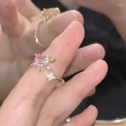 Cluster Rings Six-pointed Star Love Powder Zircon Open Ring Female Senior Sense Elegant Luxury Niche Sweet Girl Index Finger Ring.