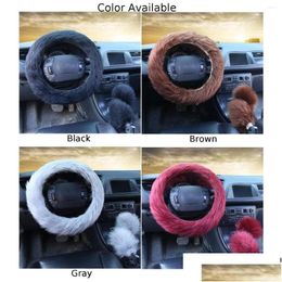 Steering Wheel Covers Ers 3Pcs Car Er Furry Soft P Warm Accessories 15Inch Artificial Wine Red Grey Brown Black Drop Delivery Automobi Ot25H