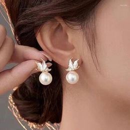 Stud Earrings Unique Gift Enamel Colour Design Dancing White Butterfly Pearl Natural Freshwater Simple And Elegant