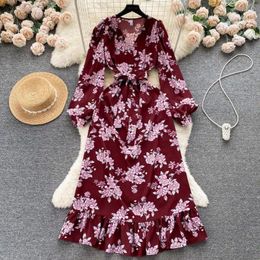 Casual Dresses European And American Women Clothes Fashion Long Sleeved Loose A-line Printed Maxi Spring Autumn Ladies Vintage Robe