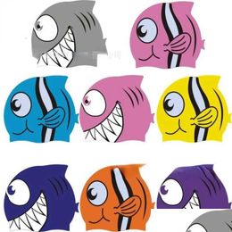 Swimming Caps Sile Childrens Cartoon Fish Hats High Elastic Comfortable Ear Protector Anti-Slip Cap Drop Delivery Dhvax