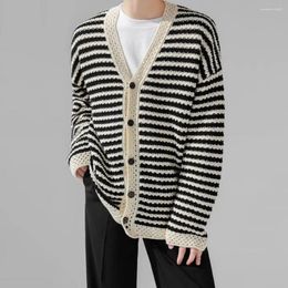 Men's Sweaters Striped Cardigan Outerwear V Neck Knitted For Men Fall Winter Single-breasted Sweater Coat With Hollow