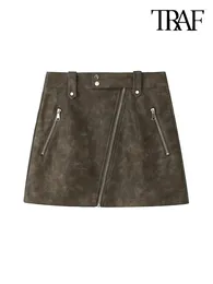 Skirts Women Fashion Faux Leather Mini Skirt Vintage High Waist Front Zipper Female Mujer