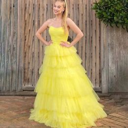 Classy Long Yellow Strapless Tulle Evening Dresses Sleeveless A Line Tiered Floor Length Custom Made for Women Party Gowns