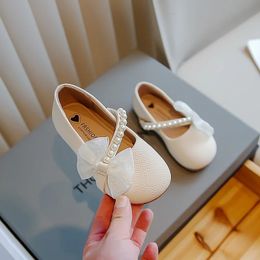 Autumn Girls Princess Pearl Shoes Kids Bow Leather Shoes Soft Comfortable Children's Party Wedding Flat Shoes H989 240122