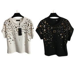 Luxury T Shirt For Women Rhinestone Pullover Short Sleeve Letter Printed Short Tops Fashion Cothing