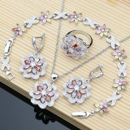 Sets Flower Multicolor Zircon 925 Silver Jewelry Sets For Women Wedding Earrings/Pendant/Ring/Bracelet/Necklace Set