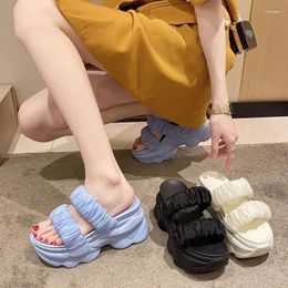 Slippers Maogu Summer Platform Heeled Women Blue Pleated Riband Ladies Chunky Sole Beach Wedges Slides Shoes 2024 Woman Sandals