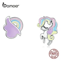 Earrings BAMOER Fantasy Unicorn 925 Sterling Silver Stud Earrings Lengendary Beast Simple Tiny Earrings For Women Birthday Party Gift