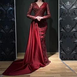 Wine Red Women's Elegant Evening Dress Lace Applique Satin Sexy V-Neck Long Sleeve Princess Prom Formal Party Gowns Robe De Soiree Vestidos De Feast