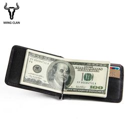 Money Clips Mingclan Slim Brand Men Women Money Clip Small Genuine Leather Bifold Male Purse Billfold Credit Card Holder 240125