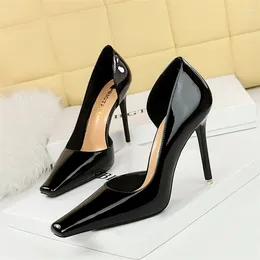 Dress Shoes Slim Heels Ultra-High For Women's Glossy Patent Leather Shallow Cut Square Toe Side Hollowed Out Single