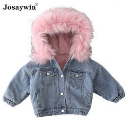 Denim Jacket Fur Hooded Winter Baby Girl Warm Thick Toddler Boys Jeans Cotton Kids Parka Children Clothes 240122