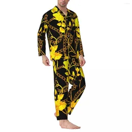 Men's Sleepwear Gold Chain Autumn Floral Print Casual Oversized Pyjama Set Man Long Sleeve Kawaii Leisure Custom Home Suit