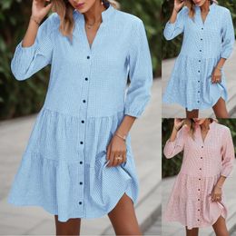 Casual Dresses Women's Summer Elegant V Neck Button Down Seven Point Sleeve Mini Dress Plaid Print Loose Flowy Shirt