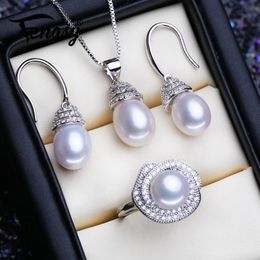 Sets FENASY 925 Sterling Silver Jewellery Sets Natural Pearl Drop Earrings Necklace Luxury Pendant Chain Necklaces For Women Ring Set