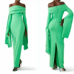 Elegant Long Sleeve Green Crepe Evening Dresses With Back Slit Sheath Bateau Neck Zipper Back Ankle Length Prom Dress Party Dresses for Women