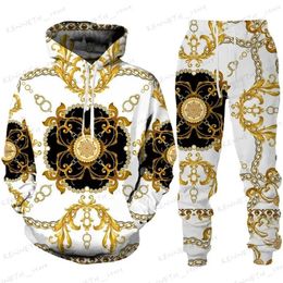 Men's Tracksuits 2023 New Fashion Luxury Golden Pattern Hoodie 3D Print Hooded Sweatshirt Pleasure Sportswear Trousers Suit Streetwear Clothing T240126