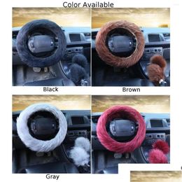 Steering Wheel Covers Ers 3Pcs Car Er Furry Soft P Warm Accessories 15Inch Artificial Wine Red Gray Brown Black Drop Delivery Automobi Ot4Ft