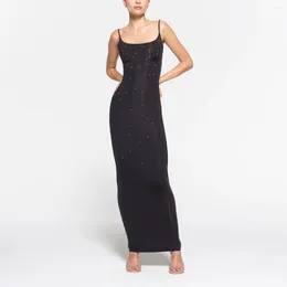 Casual Dresses Sexy Flash Diamond Black Halter Womens Y2k Spice Girl Style Slim Package Hip Temperament Long Dress 2024 Spring