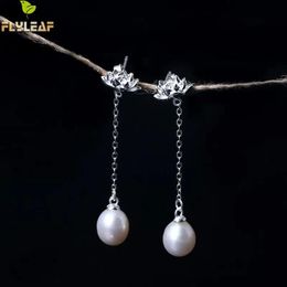 Charm Flyleaf 100% Sterling Sier Freshwater Pearls Lotus Flower Long Tassel Earrings Chinese Style Lady Fashion Jewellery