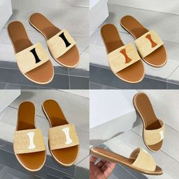 Luxury Designer Hemp Rope Woven Women Sandals Leather Sole Summer Flat Shoes Fashion Beach Slippers With Box 512