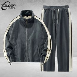 Striped Fleece Mens Sportswear Zipper Jacket Sweatpants Tracksuit Winter Fashion Loose Unisex Jogging Suit Running Men Set 240122