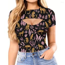 Women's T Shirts Sexy Fashion T-shirt Hollow Short Sleeve Pullover Tshirts 3D Leopard Print Flowers Round Neck Slim Tops