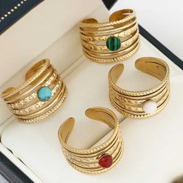 Band Rings Bohemian Ring Stainless Steel Rings for Women Gold Plated Hollow Multi-layer Rings Turquoise Natural Stone Jewelry Trend 2022 240125