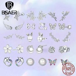 Earrings BISAER 925 Sterling Silver Flowers Stud Earrings Animal Rabbit Butterfly Plated Platinum Earring for Women Original Fine Jewelry
