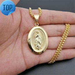 Halskette mit Anhänger „Jungfrau Maria“ für Frauen und Mädchen, goldene Farbe, christlicher Schmuck „Unsere Liebe Frau“, Madonna Iced Out, 14-karätige Gelbgoldketten