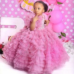 Pink Flower Girl Dresses Jewel Tiered Tulle Pleated Ruffles Appliqued Lace Flowergirl Dresses Princess Queen Little Kids Birthday Party Dress for Marriage F052