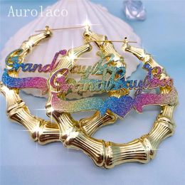 Charm Aurolaco Custom Name Earrings Bling Name Earrings Colourful Sticker Bamboo Hoop Earrings Stainless Steel Earrings for Women Gifts