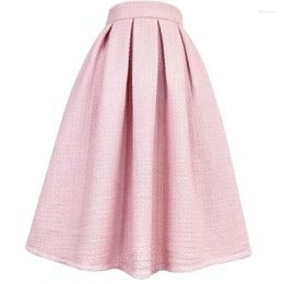 Skirts 2024 Winter Vintage Elegant Women Sweet Pink Tweed Woollen High Waist Long Pleated Sun Midi Skirt Tutu Office Lady Work Wear