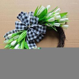 Decorative Flowers Artificial Tulip Wreath Real Touch Fake Bouquet Rustic Door Wreaths With Natural Rattan Circle Home Wedding Decorations