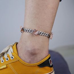 Silver Colour CZ Butterfly Leg Chain Fashion Women Iced Out Bling Cuban Link Pink Anklet Jewellery 240125