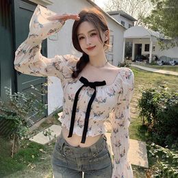 Women's Blouses Women Bow Blouse Slim Sweet Print Expose Navel Puff Long Sleeve Shirt Square Neck Crop Top Spring Summer Streetwear