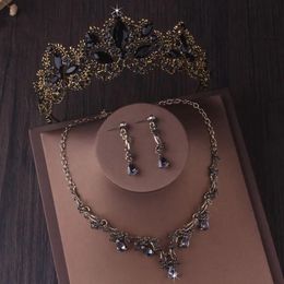 Charm Baroque Retro Bronze Black Crystal Bridal Jewellery Sets Rhinestone Tiara Crown Earrings Choker Necklace Wedding Dubai Jewellery Set