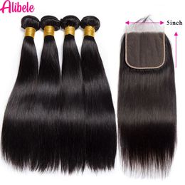 Alibele 55 HD Lace Closure With Bundles Peruvian Straight Bundles 1030 Inch Long Human Hair Weave Bundles With 44Lace Closure 240118