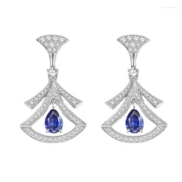 Stud Earrings European And American S925 Sterling Silver Micro Inlaid 1-carat Pear Shaped Sapphire Luxury Full Diamond Classic