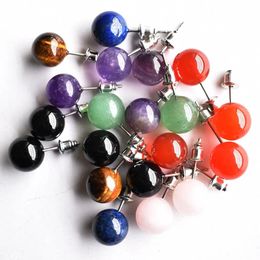 Charm Natural Stone Mixed Stud Earrings Crystal Quartzs Round Ball Beads Sier Color Fashion Ear Jewlry for Women Girl 20pcs