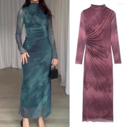Casual Dresses Women Zipper Closure Dress Elegant Pleated Midi For Slim Fit Solid Color Long Sleeve With Half-high Collar