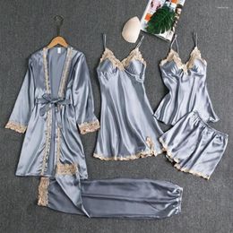 Women's Sleepwear Long Short Nightgown Set Silky Satin Lace Patchwork Pajamas With Top Shorts Pants Loose Lace-up Waist For Women