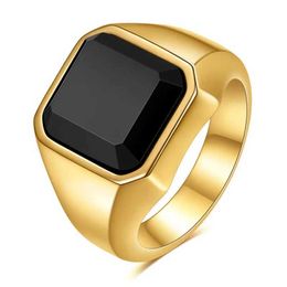 Band Rings KOTiK Punk Titanium Steel Ring Big Black Stone Square Ring For Men Gold Color Male Jewelry Vintage Wedding Party Gift 240125